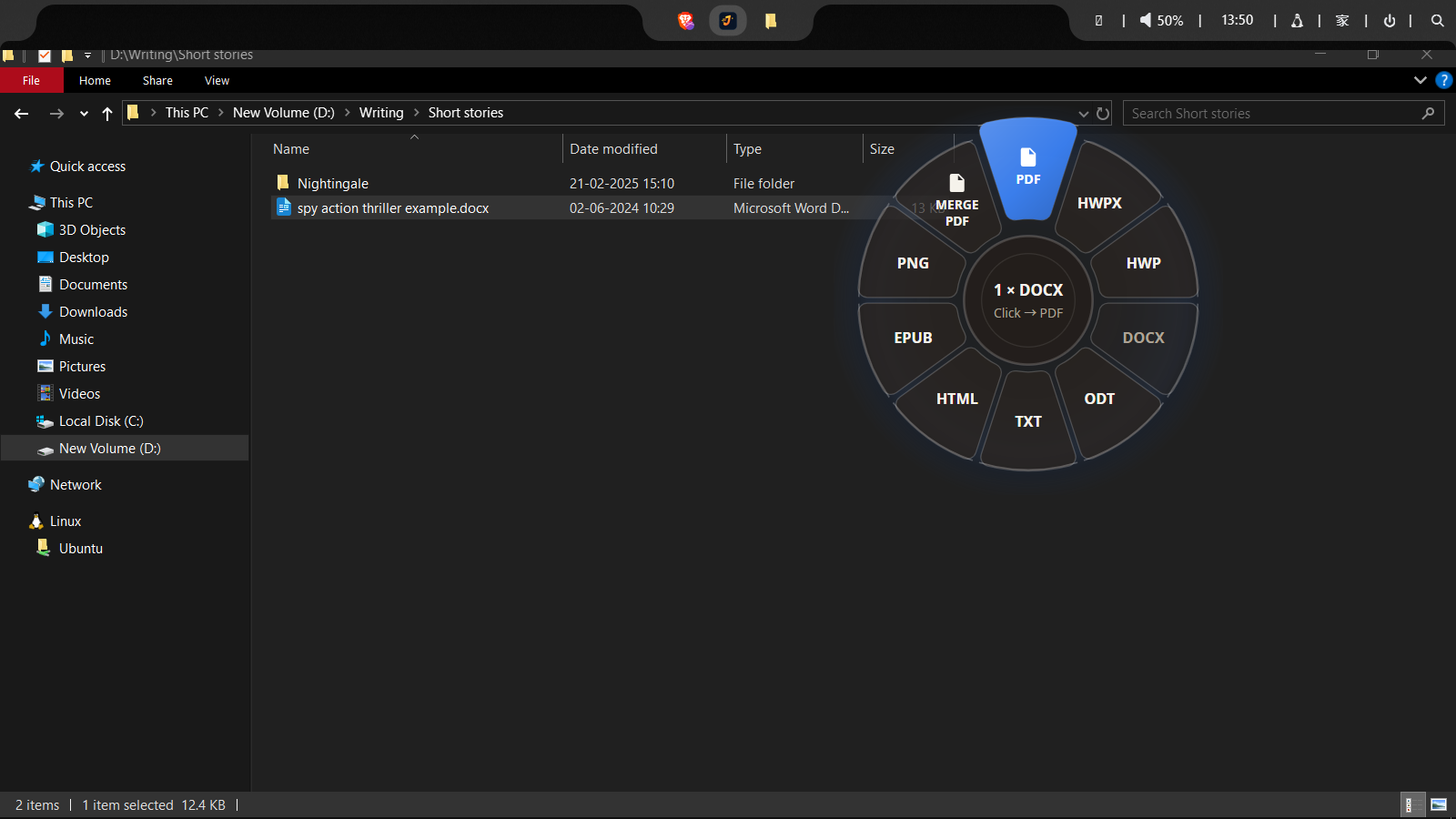 Jhatpat radial menu over a Windows File Explorer window with a DOCX file selected, offering PDF, HWPX, HWP, ODT, TXT, HTML, EPUB, PNG and Merge PDF