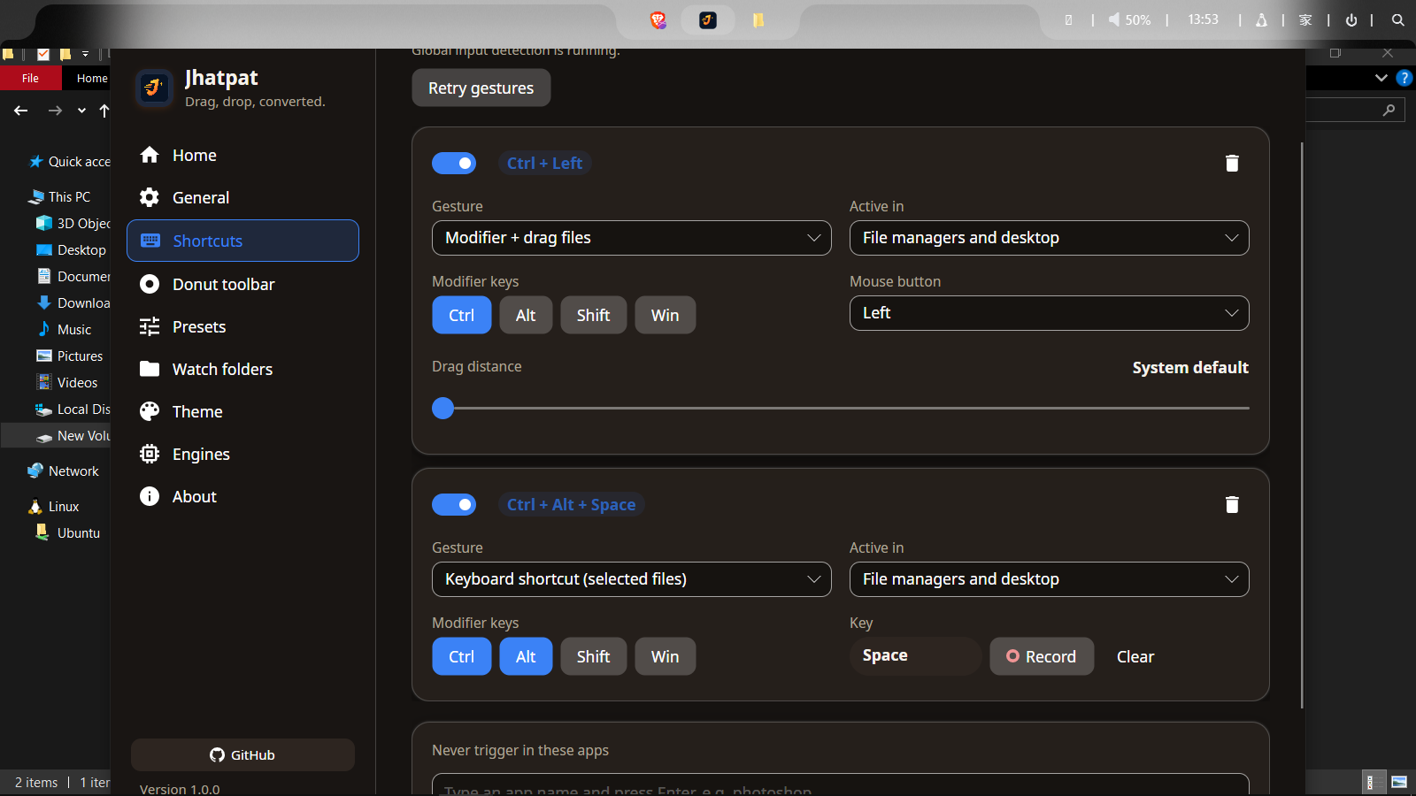 Jhatpat Shortcuts settings with Ctrl + Left drag and Ctrl + Alt + Space keyboard shortcut gestures