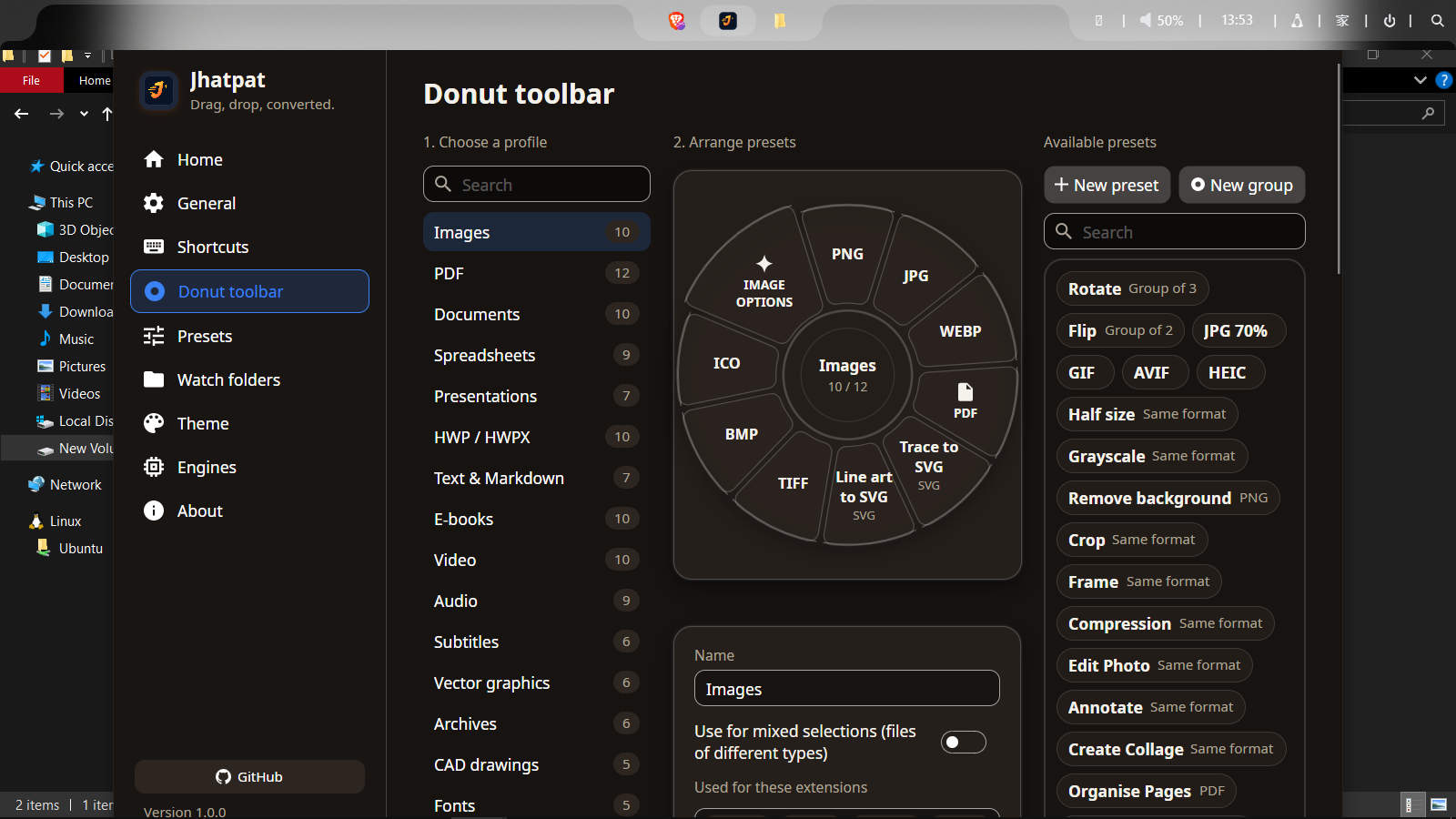Jhatpat Donut toolbar editor showing an Images profile with PNG, JPG, WEBP, PDF and SVG slices and a list of available presets